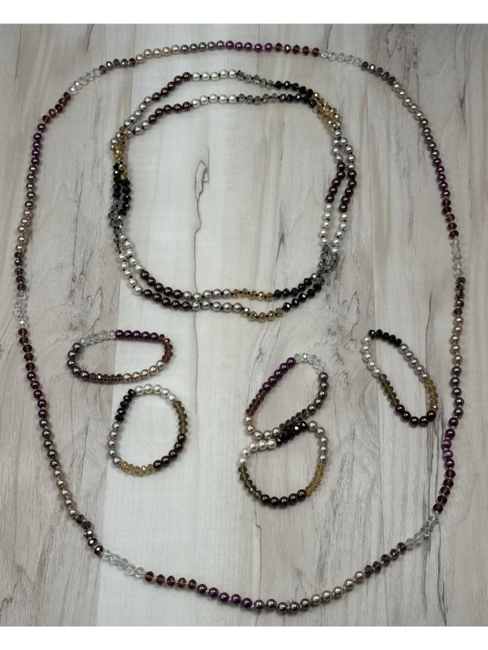 7pc Lot Multicolor Faux Pearl & Crystal 60" Long Necklaces & Stretch Bracelets